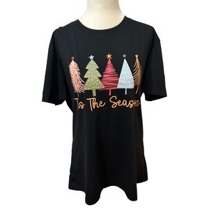 Tis The Season Christmas Size Large Cotton Tree Graphic Tee Black Holiday